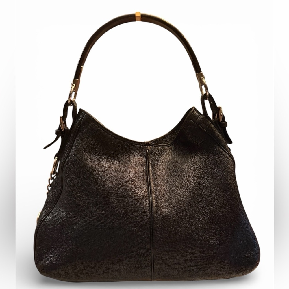 Sergio Rossi Large Black Pebbled Leather Hobo Handbag With Wooden Handle